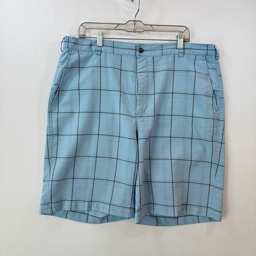 Ping Golf Shorts Mens 38 Light Blue Plaid Performance Polyester Flat Front Logo